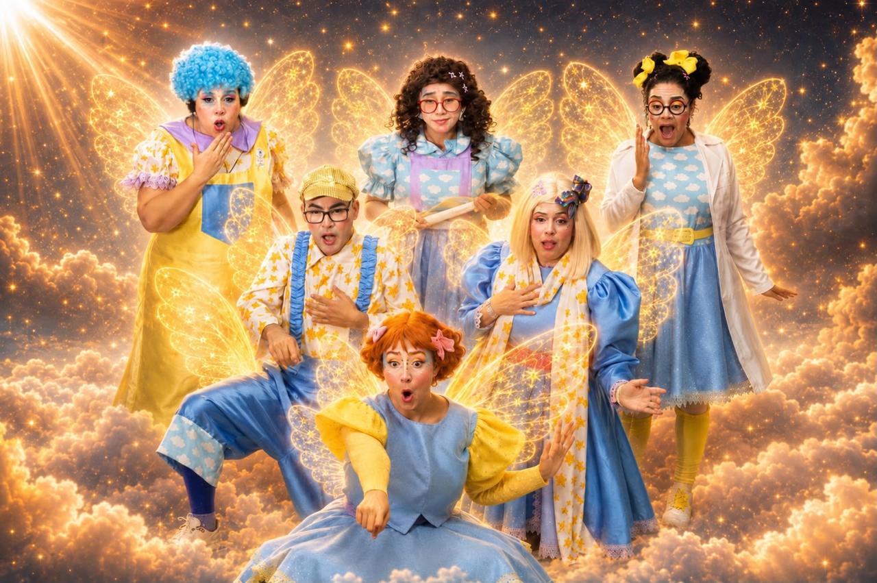 Elenco do espetáculo Não Deixe a Luz Apagar — personagens com asas de fada sobre nuvens douradas